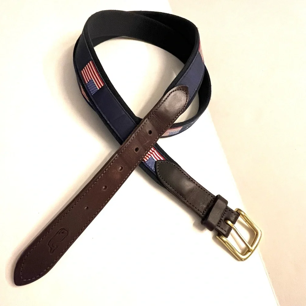 Vineyard Vines Men’s American Flag Canvas Solid Brass Buckle Club Leather Belt